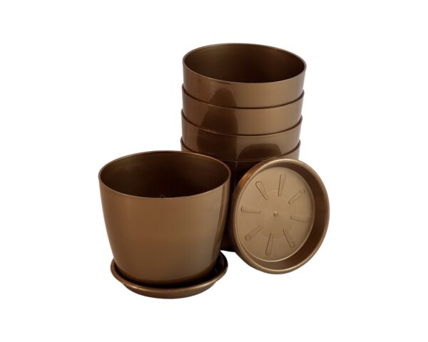Set of 5 Golden Brown Glossy Finish Planters with Trays for Home and Garden Decor | Size 5 inch